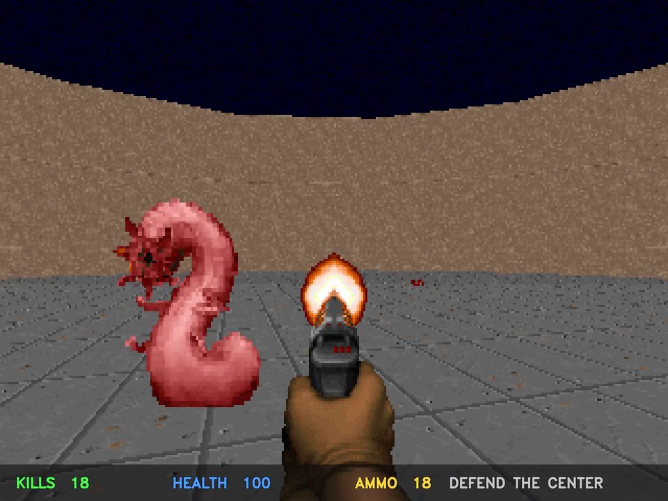 DriftMind agent playing a first-person shooter from raw pixels: 18 kills at full health